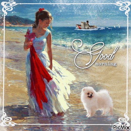 Good Morning Girl Walking by the Sea - 無料のアニメーション GIF