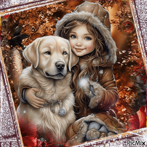 Retrato de una niña con su perro - Beige y marrón - 免费动画 GIF
