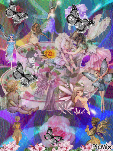 COLORS FLASHING FOR BACKGROUNG, FAIRIES PLAYING IN A CUP AND SAUCER, SOME ARE FLITTERING LIKE THE 2 SPARKLING BUTTERFLIES, SOME PINK ROSES. AND A PURPLE ROSE. - Gratis geanimeerde GIF