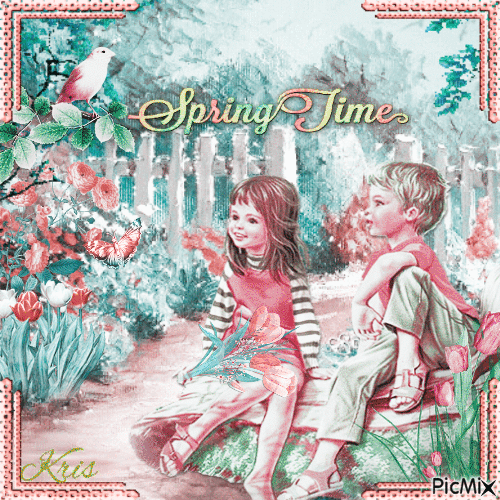 enfants de printemps dans un jardin fleur🌻🌹i - Vintage - 免费动画 GIF