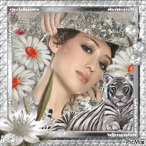jolie femme et le tigre blanc - 免费动画 GIF