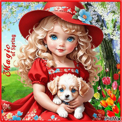 The Magic of Spring. Girl in red, dog - GIF animado grátis