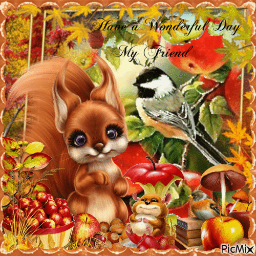 Autumn, apples, birds, mouse and squirrels - GIF animé gratuit