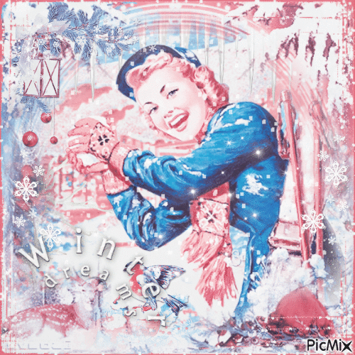Winter vintage woman blue pink - GIF animé gratuit