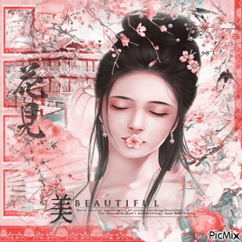 Oriental woman Hanami - Ingyenes animált GIF