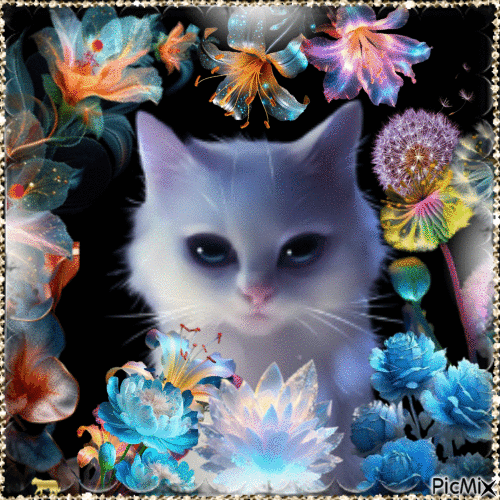 Yin,  White Cat with flowers - Free animated GIF