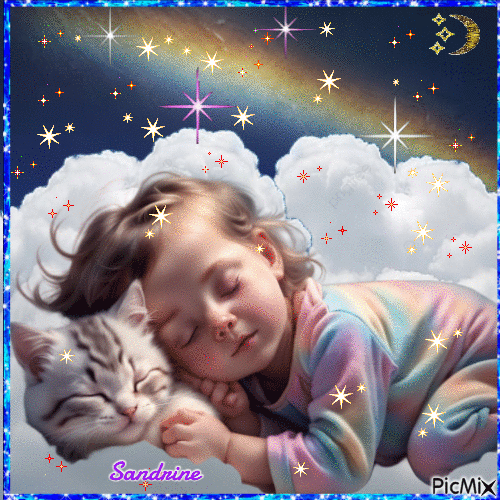 l'enfant et le chat dans les nuages la nuit dormant - GIF animé gratuit