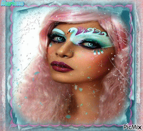 Wonderbaar Portrait Woman Pink Blue Colors Deco Glitter Glamour Carnaval PT-73