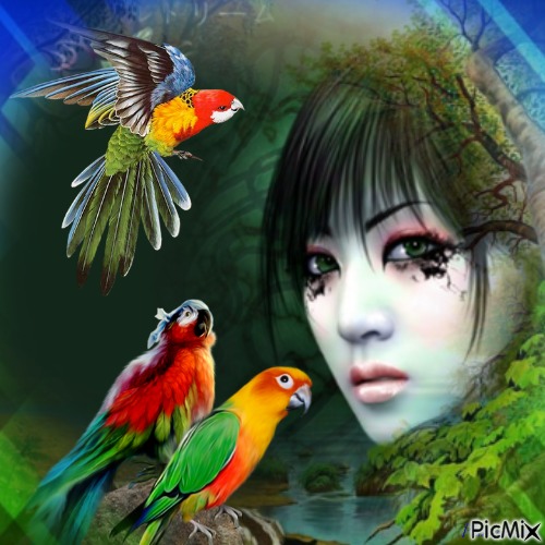 Femme et perroquets - PNG gratuit