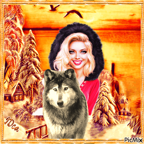 Femme et loup en hiver - Gratis animeret GIF