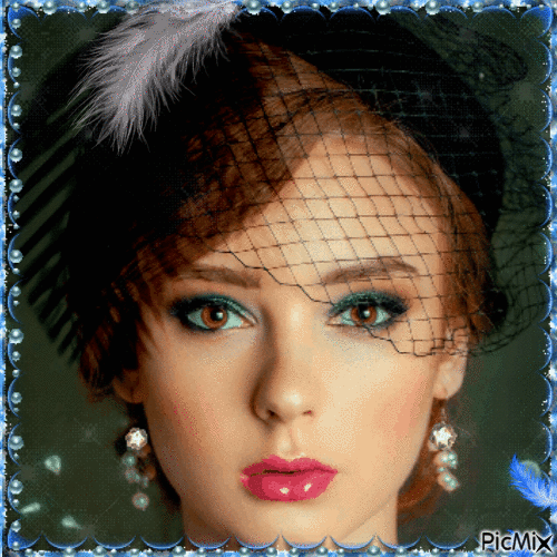 Retrato de una mujer velada - Tonos negros, blancos y azules - Безплатен анимиран GIF