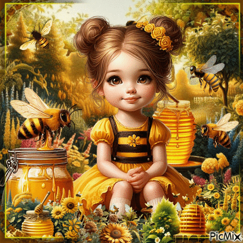 Little Girl - Honey - Bee - Brown - Yellow - Бесплатни анимирани ГИФ