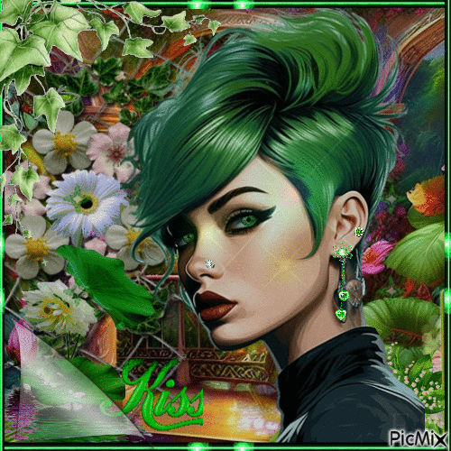 Mujer con cabello verde - 無料のアニメーション GIF