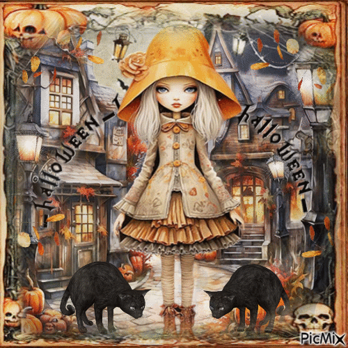 Halloween girl children black cat - Бесплатни анимирани ГИФ