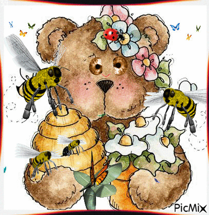 DADDY BEAR CARRING TOO MANY SWEETS BEING ATTACKED BY BEES, BUTTERFLIES AND LADY BUGS. - GIF animado gratis