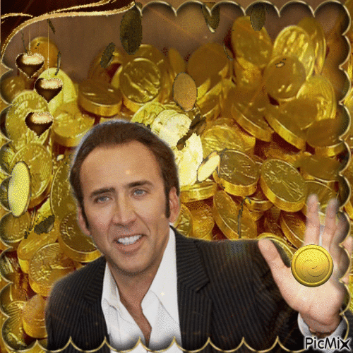 Nicolas Cage mit Goldmünzen - Gratis animerad GIF