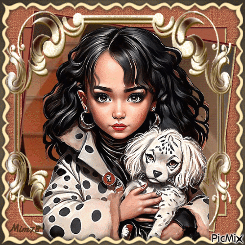 Portrait d'une fillette avec son chien - Beige et marron - Безплатен анимиран GIF