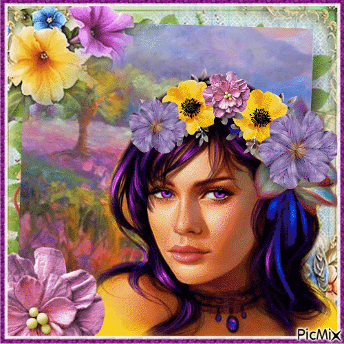 Concours : Femme avec fleurs jaunes et mauves sur la tête - Δωρεάν κινούμενο GIF