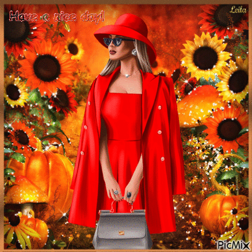 Have a nice day. Autumn. Woman in red - 免费动画 GIF