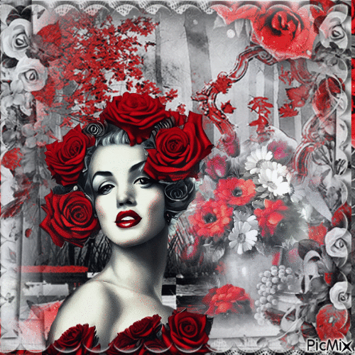 Femme avec des roses rouge,noir et blanc - Free animated GIF