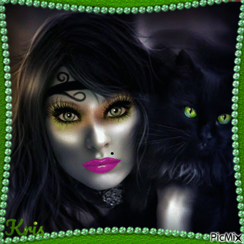 Fille et chat noir - Gratis geanimeerde GIF