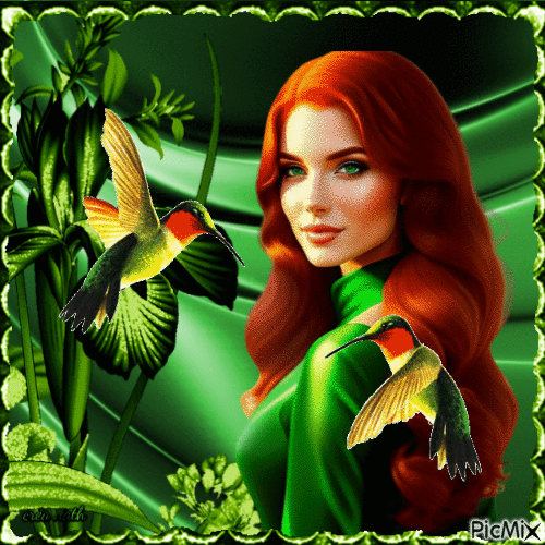 Femme aux yeux verts et colibri...concours - GIF เคลื่อนไหวฟรี