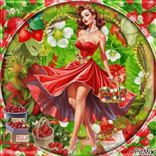 Femme vintage en rouge et fraises - GIF animado gratis