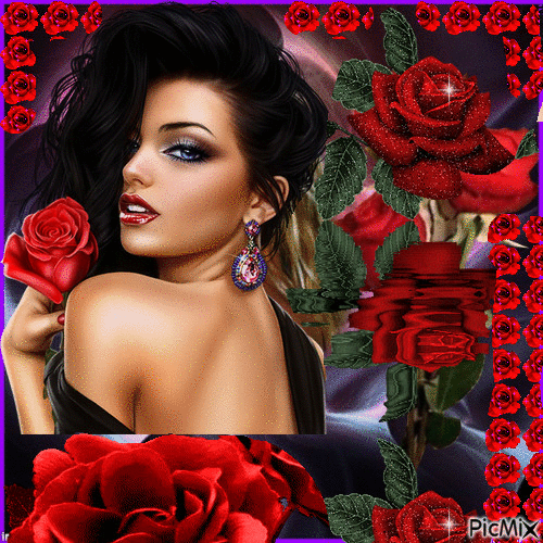 Woman Surrounded by roses - Безплатен анимиран GIF
