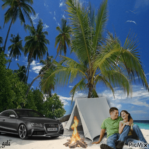 Couple qui campe sur la plage - Darmowy animowany GIF
