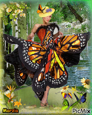 woman wearing a butterfly dress - Free animated GIF
