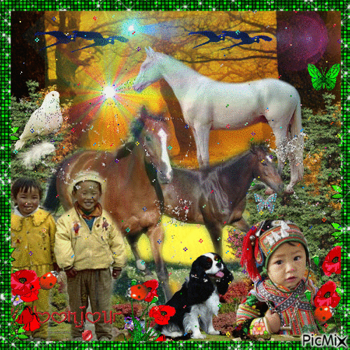 enfants et les chevaux - Δωρεάν κινούμενο GIF