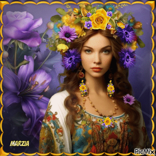 Donna con fiori gialli e viola sulla testa - GIF animé gratuit
