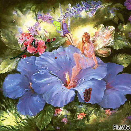 a fairy on a big flower, butterflies flying in, a fairy swing, and sparkles - GIF animé gratuit