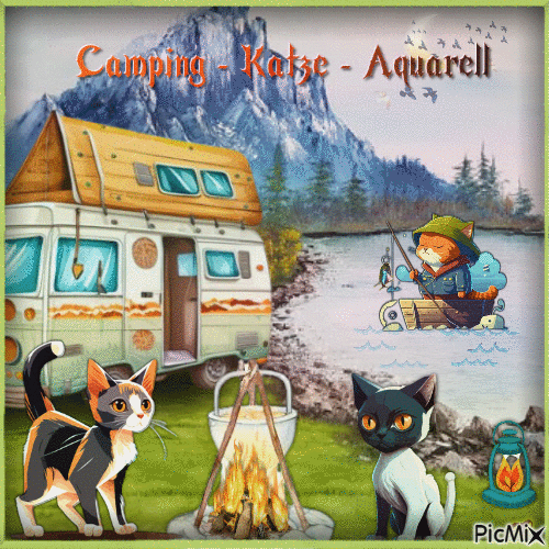Camping - Katze - Aquarell - Kostenlose animierte GIFs
