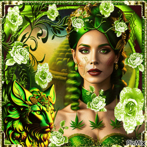 Fantasy woman in green and gold - GIF animé gratuit