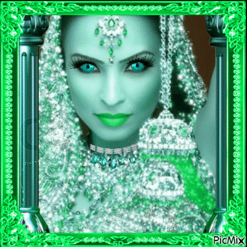 Oriental Girl Portrait - Green Frame - GIF เคลื่อนไหวฟรี