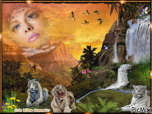 HD paysage tigres cascade/ visage femme - Free animated GIF