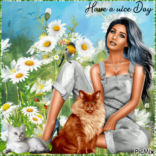 Have a Nice Day. Summer. Woman and her cats - Бесплатный анимированный гифка