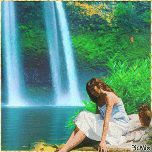 Девушка у водопада - GIF animate gratis