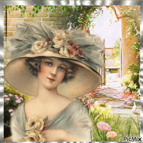 Printemps, floraison et femme victorienne - Gratis geanimeerde GIF