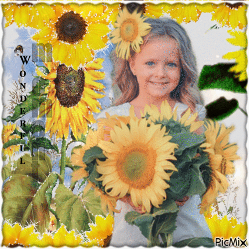 Kleines Mädchen und Sonnenblumen - Kostenlose animierte GIFs