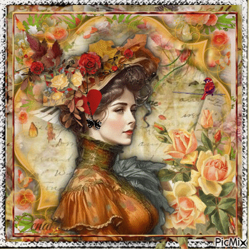 Femme vintage avec des roses - Darmowy animowany GIF
