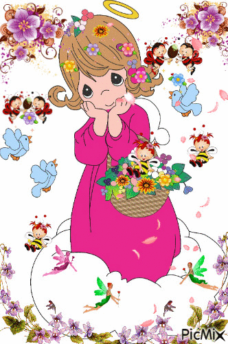 cute little angel, with flowers, birds, gees and fairies. - Бесплатный анимированный гифка
