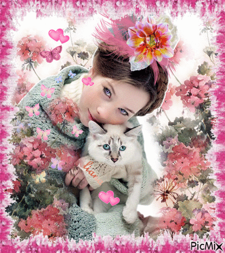 το κορίτσι και η γάτα της... - GIF animé gratuit