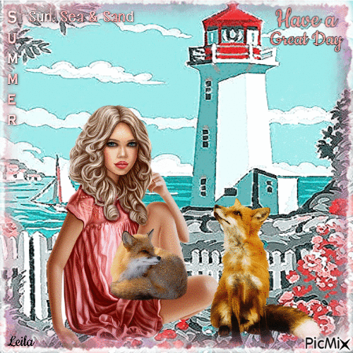 Summer. Have a Great Day. Girl with foxs - Zdarma animovaný GIF