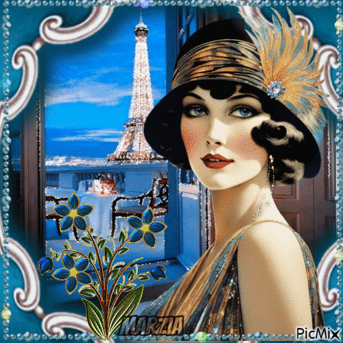 Donna d'epoca a Parigi - sfondo blu - Бесплатный анимированный гифка