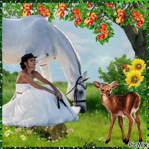 Woman, horse, apples, deer, garden - Free animated GIF