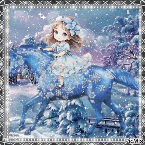 Snowgirl riding on her horse - GIF animé gratuit