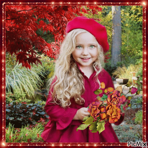 Kleines Mädchen mit einem Blumenstrauß - GIF animé gratuit