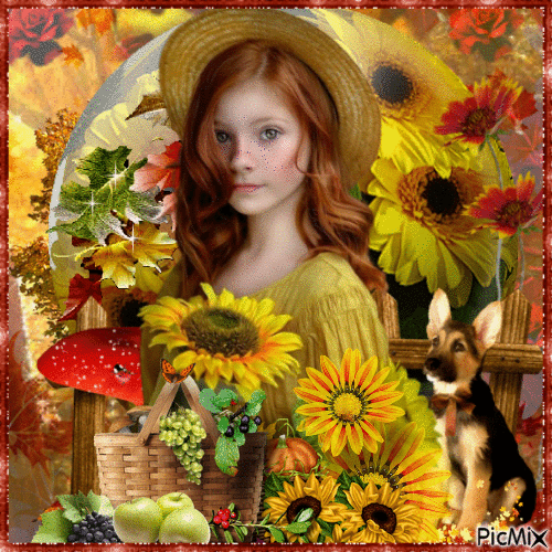 young Woman in a field of sunflowers - Zdarma animovaný GIF